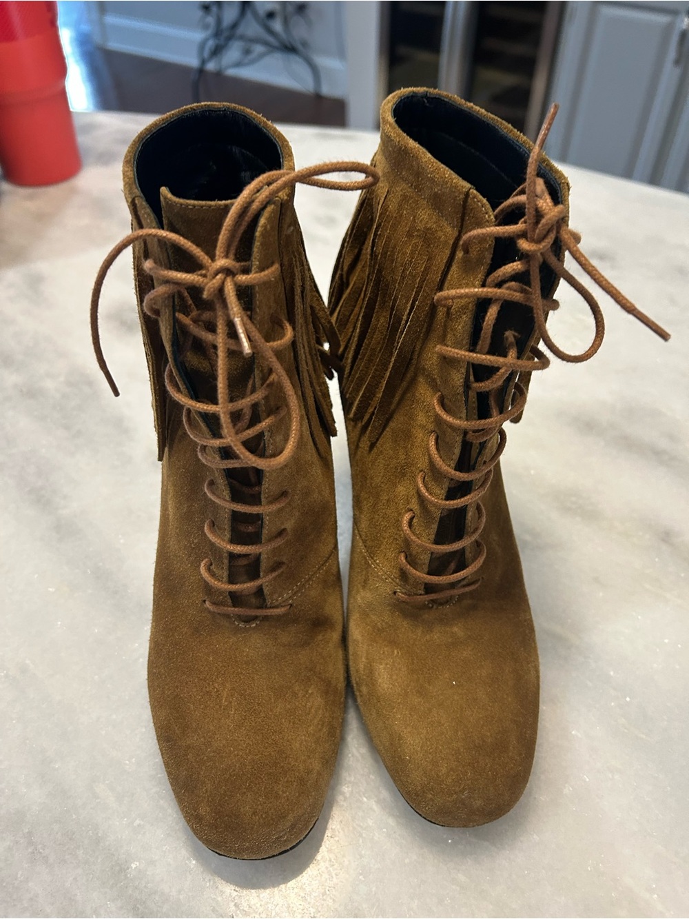 Saint Laurent Brown Suede Lace-Up Ankle Boots with Fringe - Picture 2 of 9